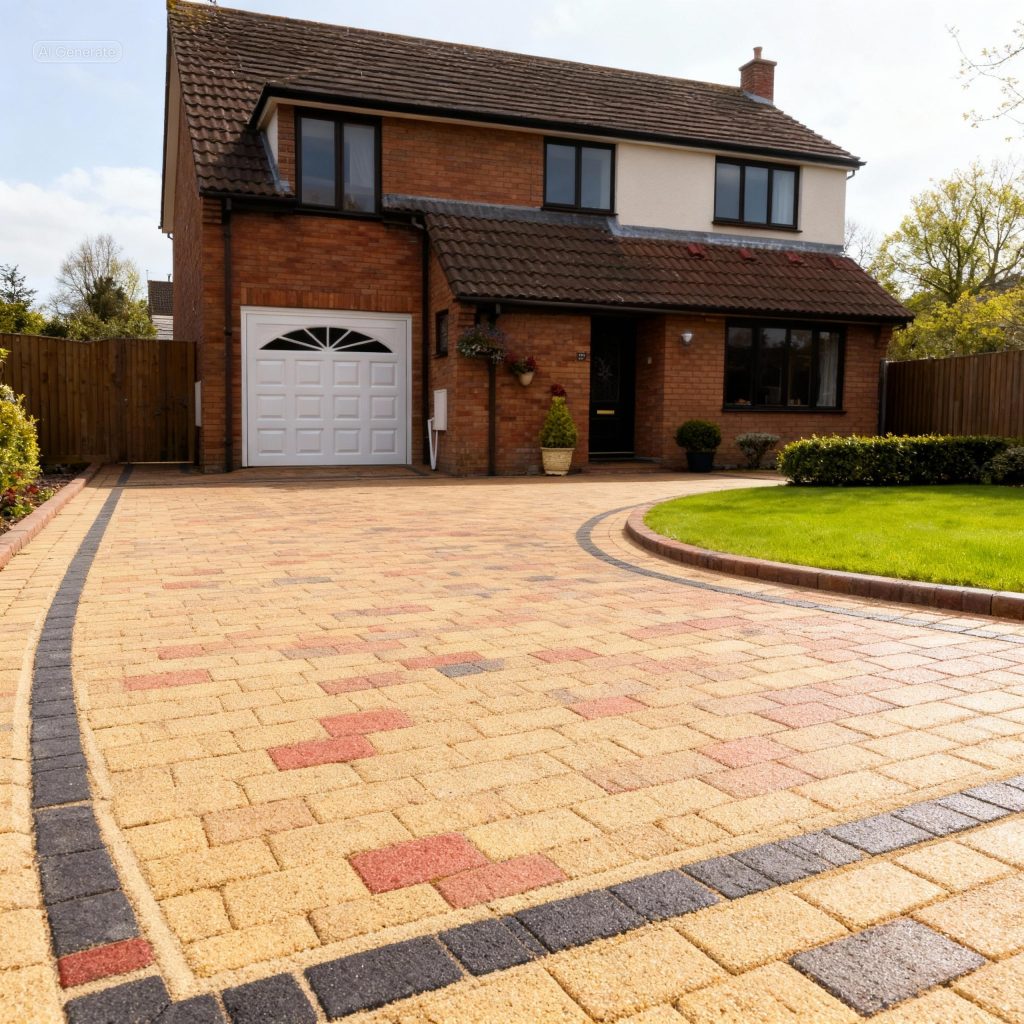 freshly cleaned and sealed block paving driveway in Suffolk with restored colour and neat edging