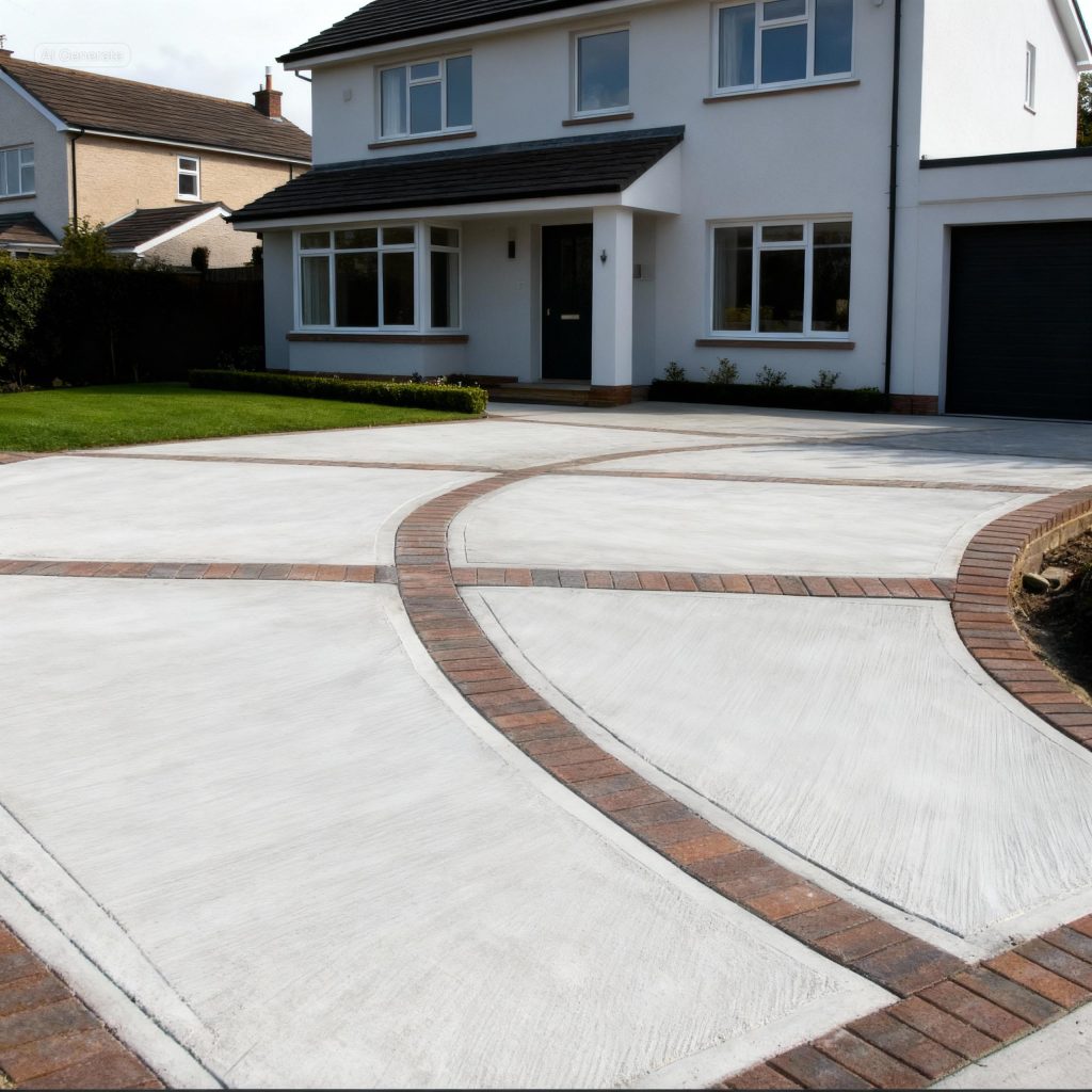 light grey concrete driveway with brick edging freshly cleaned and sealed in Essex