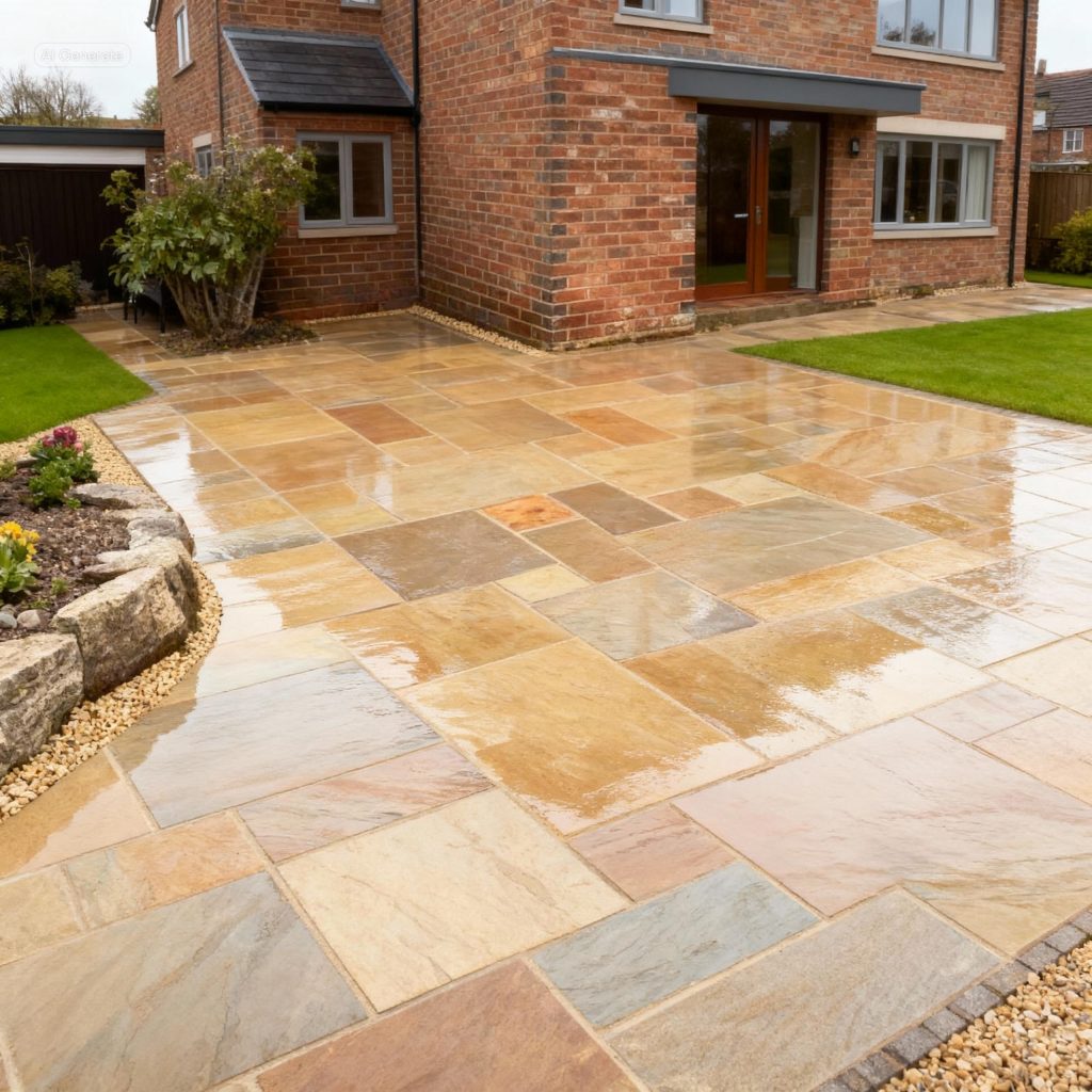 freshly cleaned and sealed natural stone driveway with warm sandstone tones outside a modern UK home