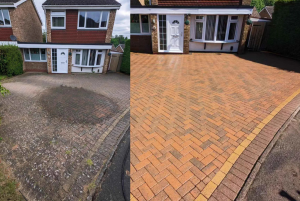 Before and after photo of a block paving driveway restored by SmartGuard, showing deep cleaning, re-sanding and SmartSeal sealing for long-lasting protection.